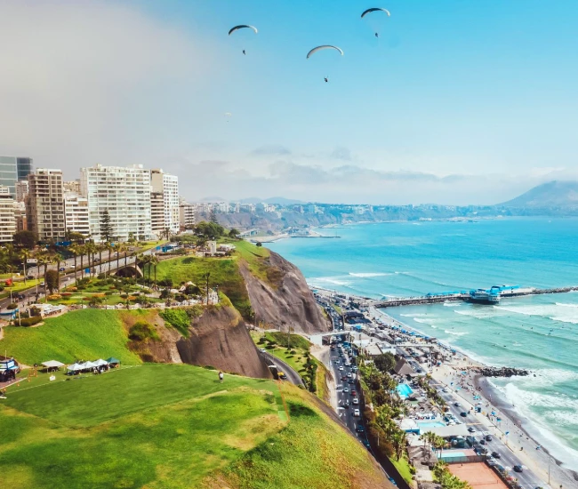 Miraflores Oceanfront View in Lima, Peru | Conde Travel Adventures Beautiful sea view from the Miraflores district in Lima, overlooking the Pacific Ocean | Conde Travel Adventures